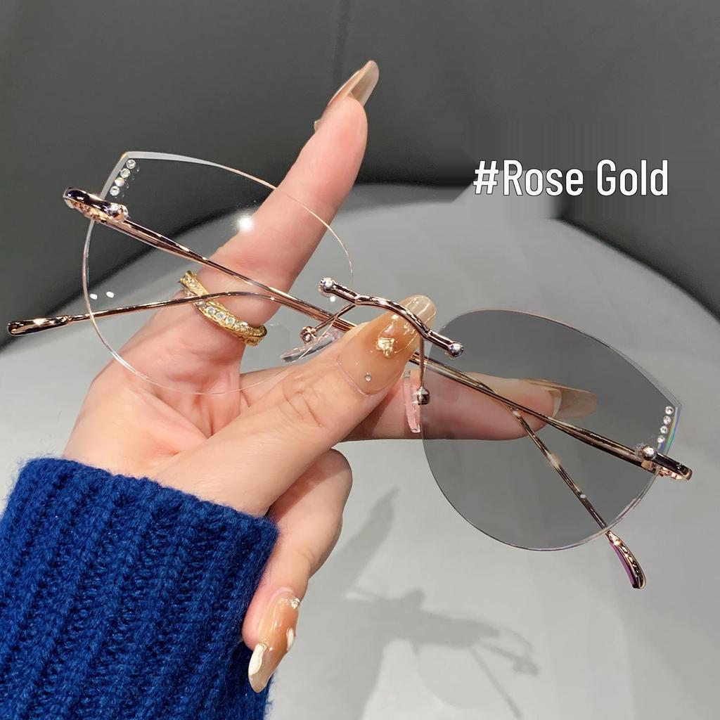 Rimless Gold Wire Myopia Glasses: Color-Changing, Photochromic, Ultra-Light, Blue Light Blocking – Stylish Internet Celebrity Design.