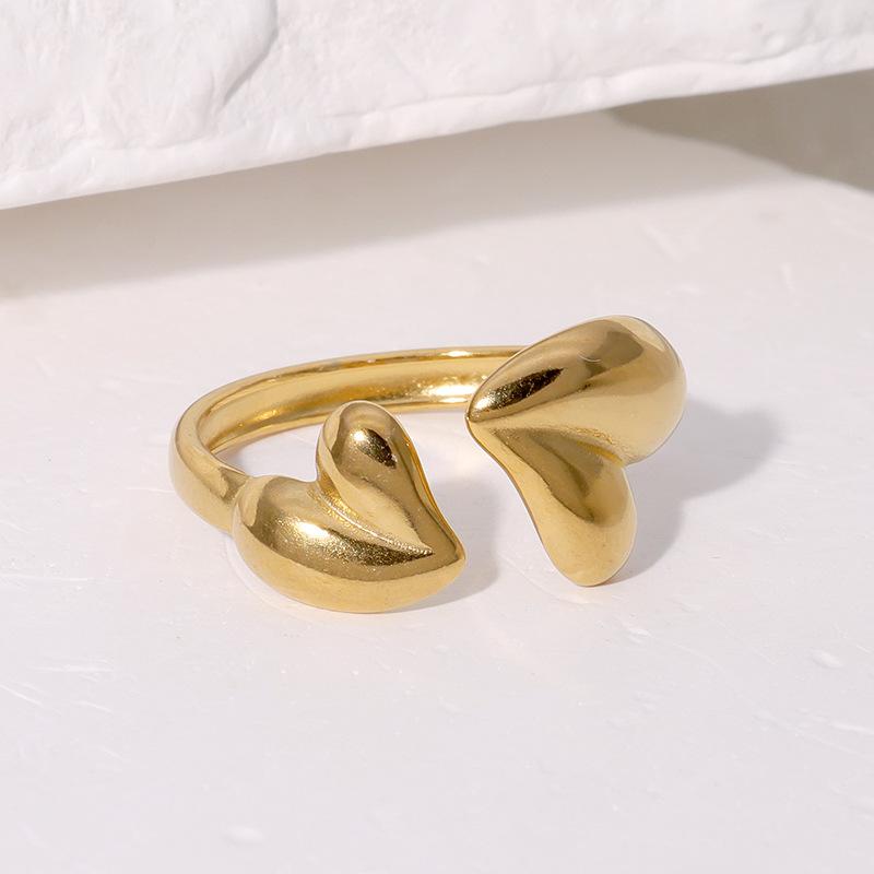Stainless Steel Double Heart-shaped Open Rings For Men Women Simple Metal Hollow Irregular Line Ring Waterproof Zircon Gifts