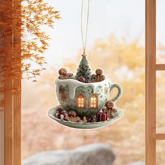 Yousheng 4 Pcs 2D Acrylic Christmas Ornament Cup Shaped Hot Cocoa Hanging Ornaments Snow Village House Xmas Tree Decoration for Tree Car Decor