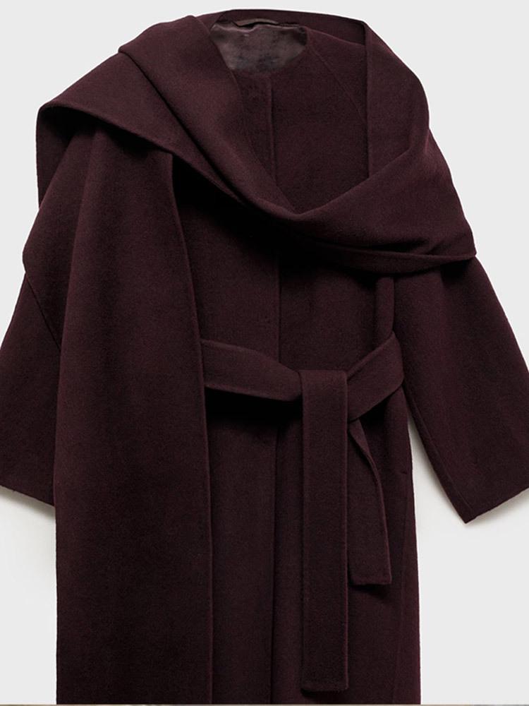 2024 Elegant Solid Woolen Belted Coat with Scarf for European and American Casual Street Fashion