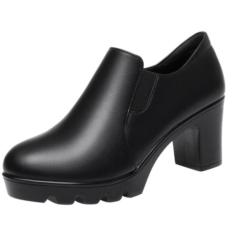 Women's Chunky Heel Platform Loafers - 2024 Spring/Autumn, Round Toe, Leather, Slip-On, Waterproof.