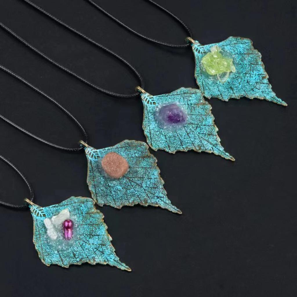 Women Pendant Natural Stone Crystal Zinc Alloy Leaf-Shaped Pendant For Jewelry Making DIY Necklace Accessory