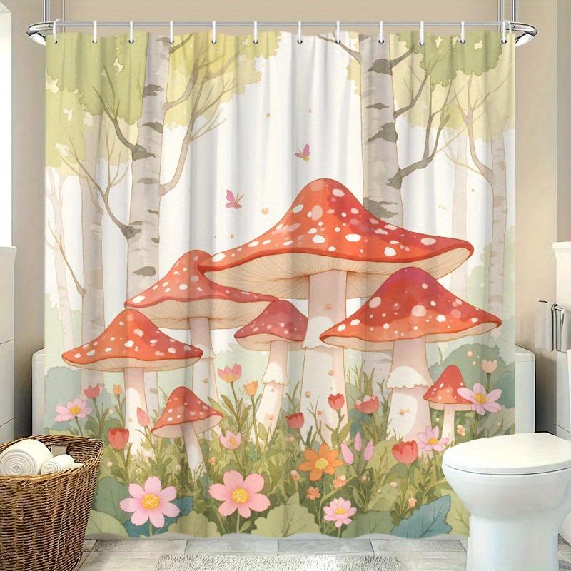 1pc Fantastical Forest Shower Curtain - Red-Capped Mushrooms, Pink & Orange Flowers, Dreamy Trees, 70.8x70.8", 12 Hooks