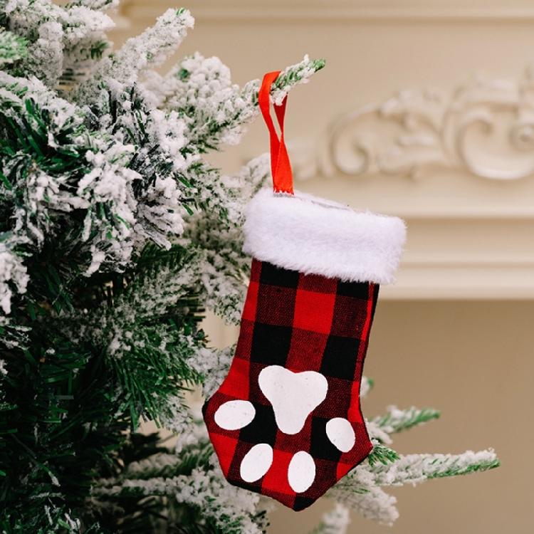 Christmas Cute for Cat Paw Plaid Tree Stocking Family Gather Party Decor