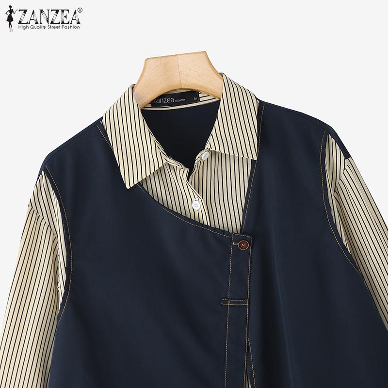 ZANZEA Women Casual Stripe Print Patchwork Loose Long Sleeve Blouse