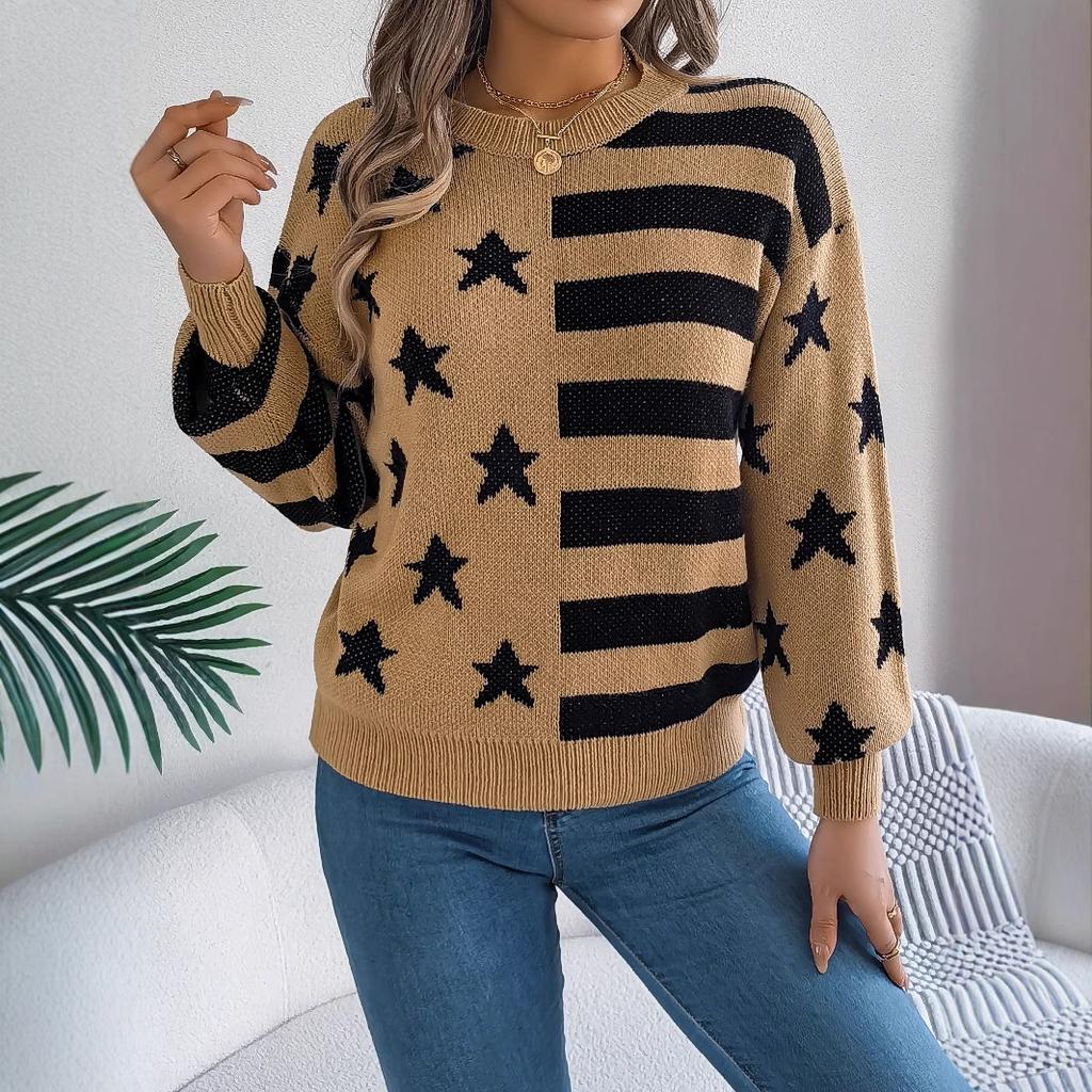 Autumn and Winter Casual Starry Striped Lantern Long-sleeved Pullover Sweater Women's Clothing
