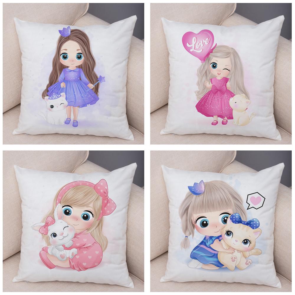 Children's Room Sofa Home Pillowcase Cute Cartoon Girl and Cat Pillowcase Decoration Cute Animal Cushion Cover