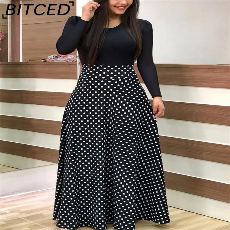 

BITCED Платье в стиле бохо с цветочным принтом и длинными рукавами, весна-осень, с круглым вырезом, большие длинные платья-качели S