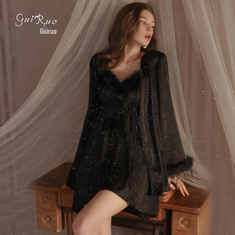 Guiruo Silver Padded Lingerie Set - Sexy Plus Size Camisole Nightgown & Robe 4419