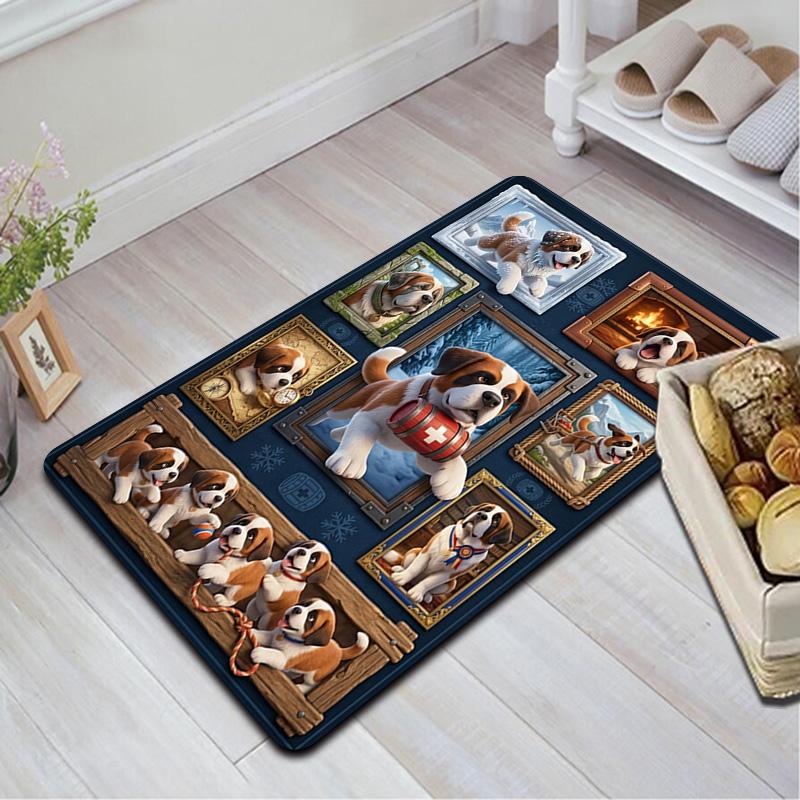 Saint Bernard Puppies Adventure Pattern Rug Floor Mat for Living Room or Bedroom Soft and Comfortable Carpet a Gift for Birthday and Holiday.