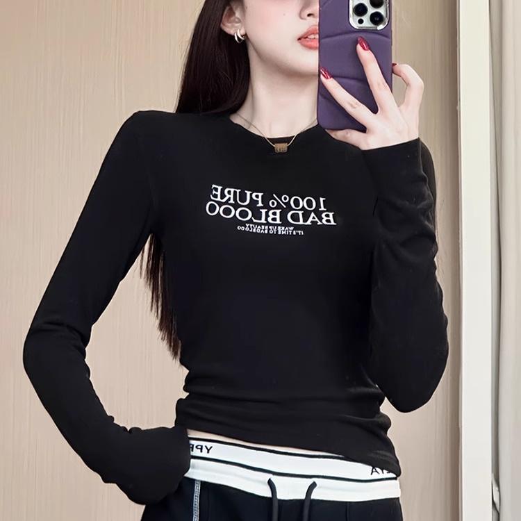 

Женская осенне-зимняя футболка с длинным рукавом, круглым вырезом, приталенного кроя, базовая, с принтом букв, пуловер, топ для многослойности XL чёрный