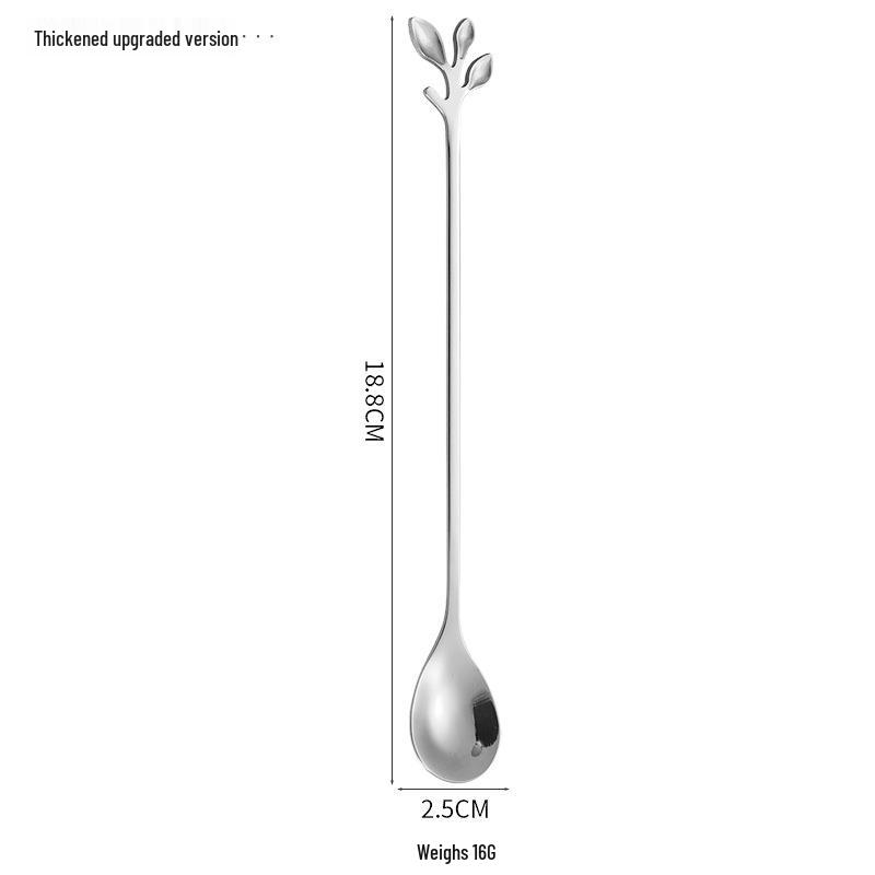Gold Stainless Steel Leaf Spoon and Fork Set - Long Handle for Stirring, Desserts, and Coffee