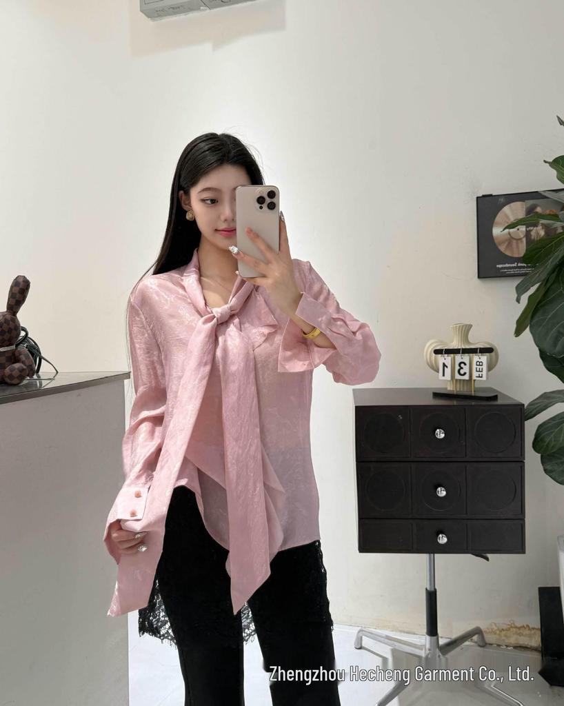 Spring Silk Shirt with Neck Tie & Mouth Covering, Wear Alone 