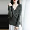Women's Elegant V-Neck Wool Sweater: Autumn/Winter Fashion Long Sleeve Knitwear with Drawstring.