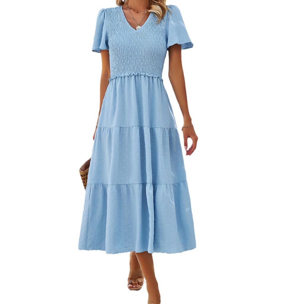 Women's Spring and Summer Temperament Casual Olive Solid Color V-neck Short-sleeved Dress