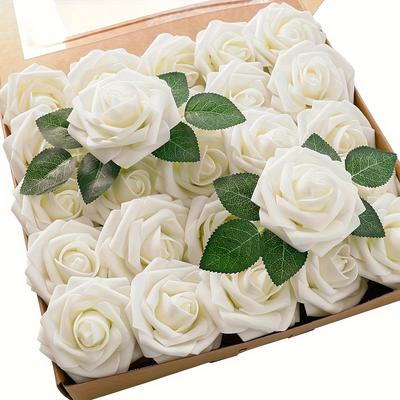 25 Stück Echte Farbe Schaumstoff Künstliche Blumen Rosen mit Stielen für DIY Hochzeitsstrauß Weiß Brautparty Mittelarrangement Party Tischdekoration