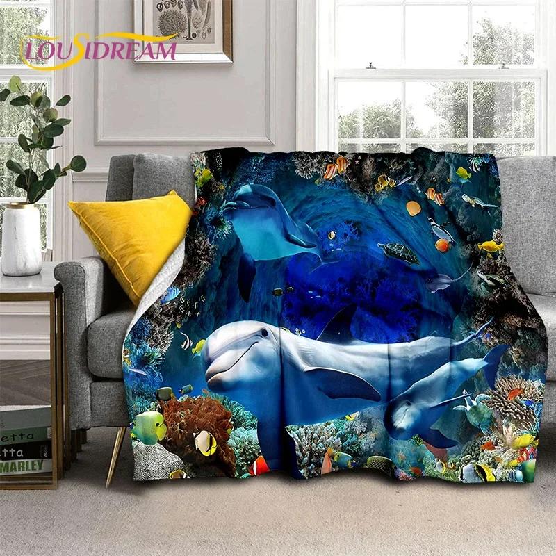 3D Illusion Underwater World Seabed Shark Dolphin Soft Flannel Blanket for Beds Bedroom Sofa Picnic,Throw Blanket Outdoors Gifts