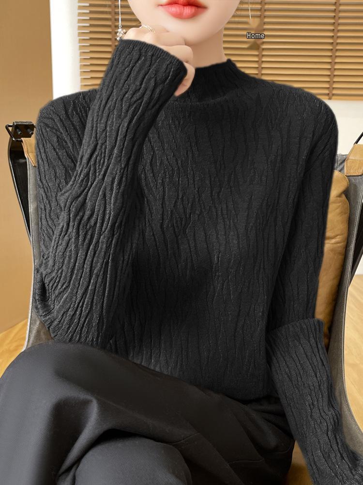 Niche Bark Texture Half-High Collar Sweater: Autumn/Winter Long Sleeve Temperament Knitwear for Women