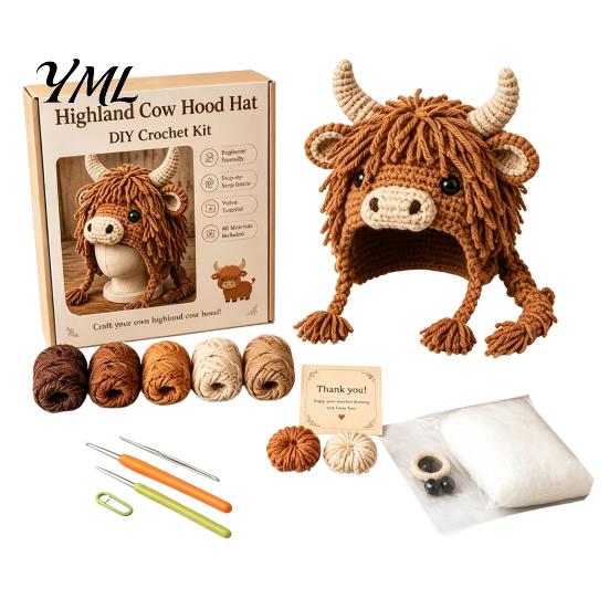 Halloween Theme Crochet Project Highland Cow Hat Kit, Pumpkin Spider Hood Stress Relief Craft Activity DIY Handmade Kit for Adults Teens Creative
