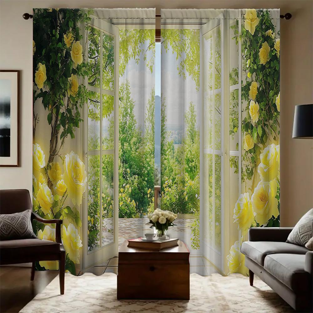 

2Pc Home Flower Scenery Curtains With Landscape Background And Pole Pocket Curtains Kitchen Coffee Shop Living Room Bacony 100*130 HOOK 1pcs