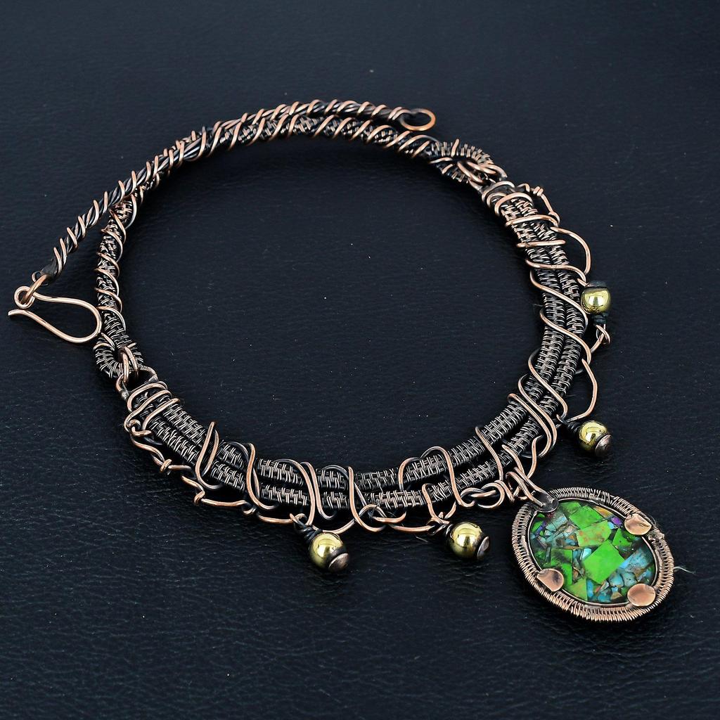 Fiesta Kingman Turquoise Necklace, 999 Copper Wire Wrapped Necklace Jewelry, Adjustable Chain Gemstone Handmade Jewelry Necklace, Gift For Friend