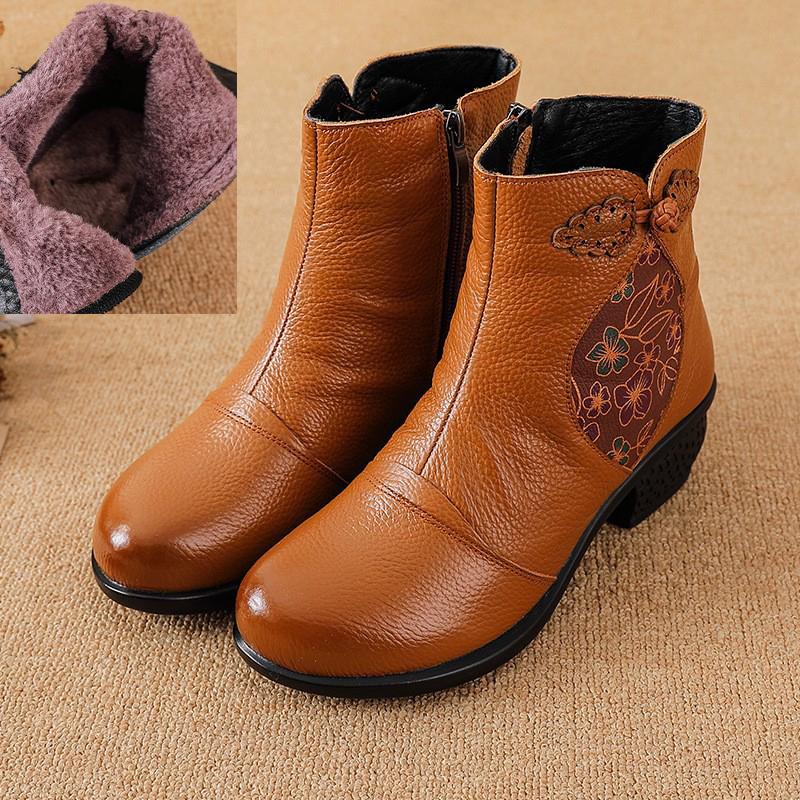 Johnature Ethnic Style Genuine Leather Thick Heel Short Boots Retro Printed Warm Side Zipper Women's Boots