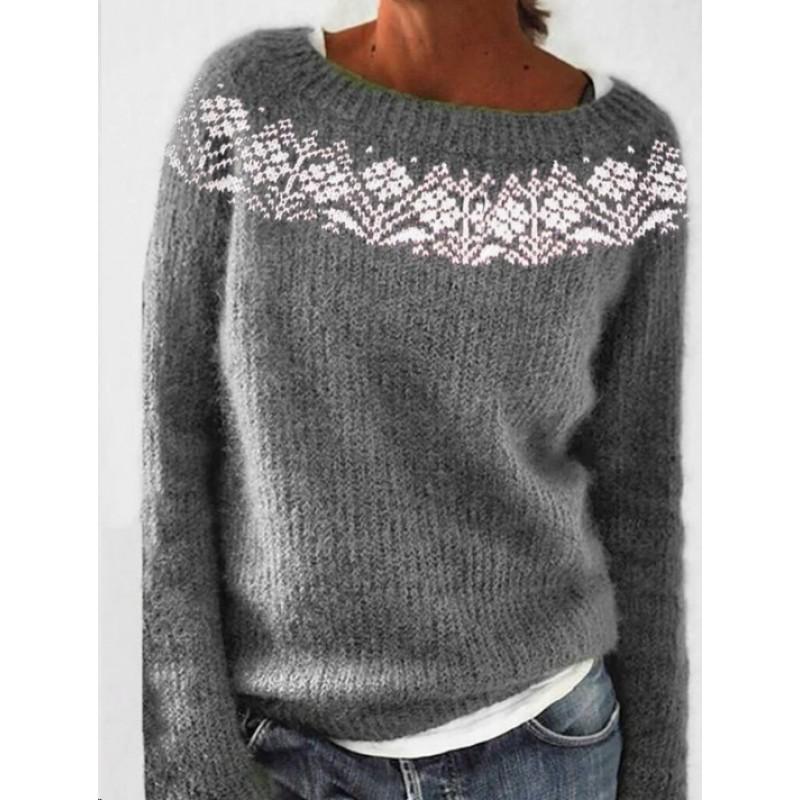 Womens Geometric Color Block Crewneck Sweater Loose Fit Long Sleeve Pullover Knit Top
