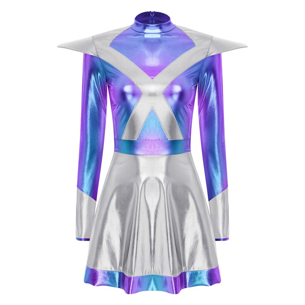 Damen Alien Astronaut Cosplay Kleid Langarm Klappe Kontrastfarbe Metallic Glänzend A-Linie Weltraumkrieger Kleid