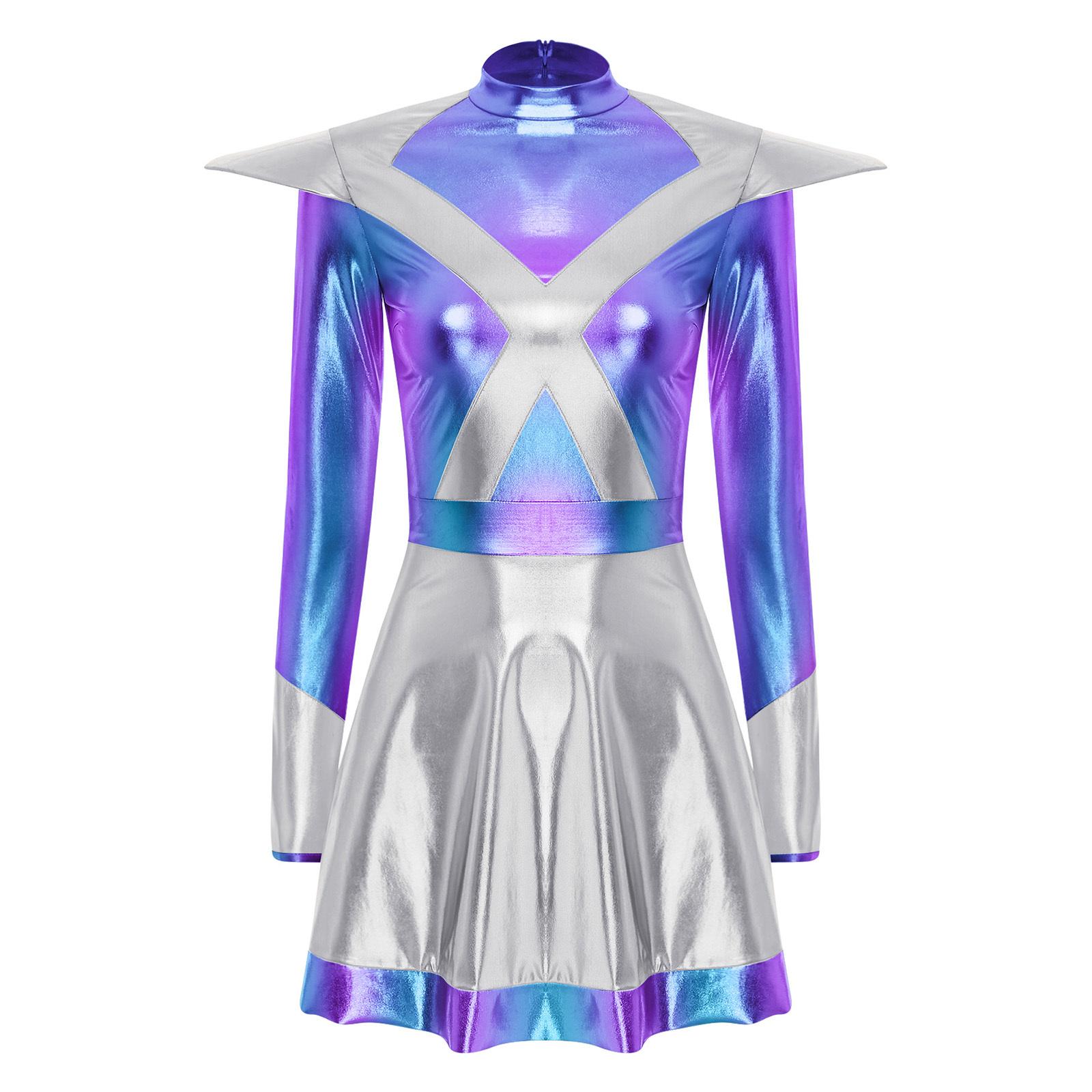 

Жіноча сукня інопланетянки-астронавтки з довгими рукавами, з клапанами, металізована, блискуча, А-силуету, костюм космічної воїтельки, вбрання на Хелловін XXL срібний