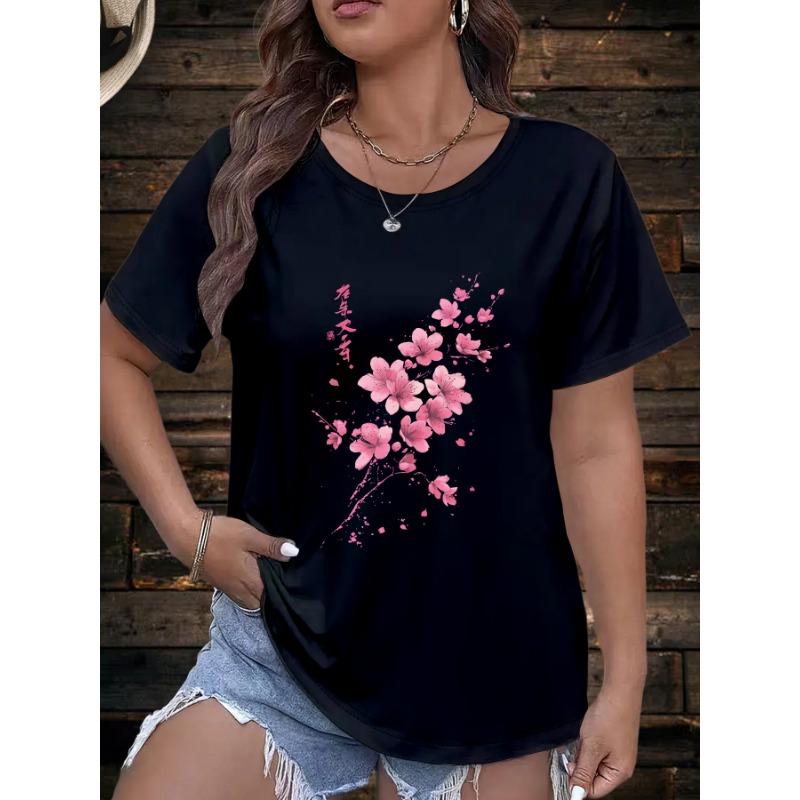 Flower print European and American large size fashionable round neck short-sleeved T-shirt