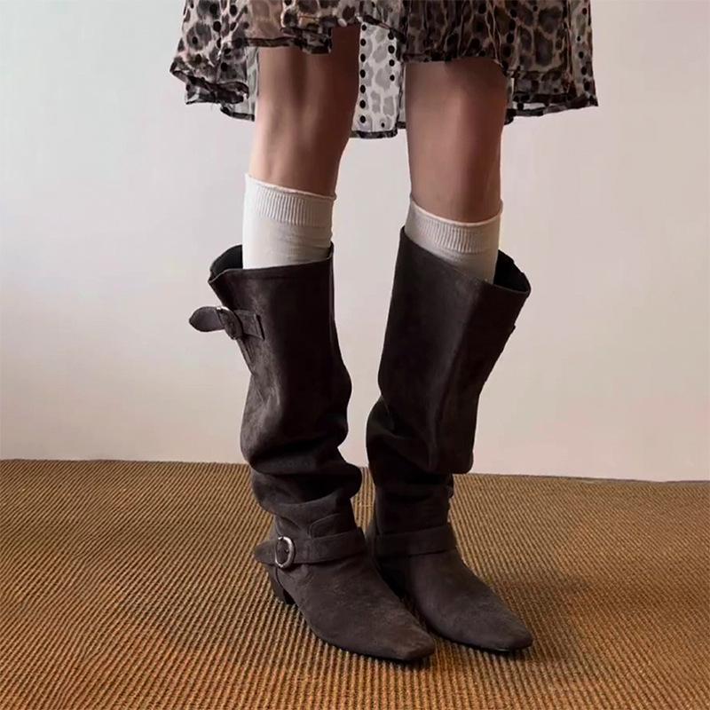 Cowhide version~ retro casual big circumference tube belt buckle stacking boots women's fashion versatile and thin knight boots
