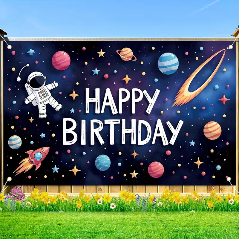2D Boys Astronaut Birthday Backdrop, Planet & Star Banner, Space Themed Birthday Party Decor