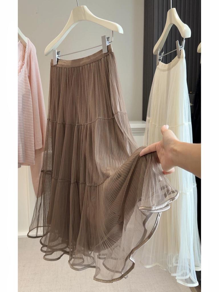 Women's French Shimmering Mesh A-Line Pleated Skirt, Spring/Summer 2026 Trend, Mid-Length with Large Hem