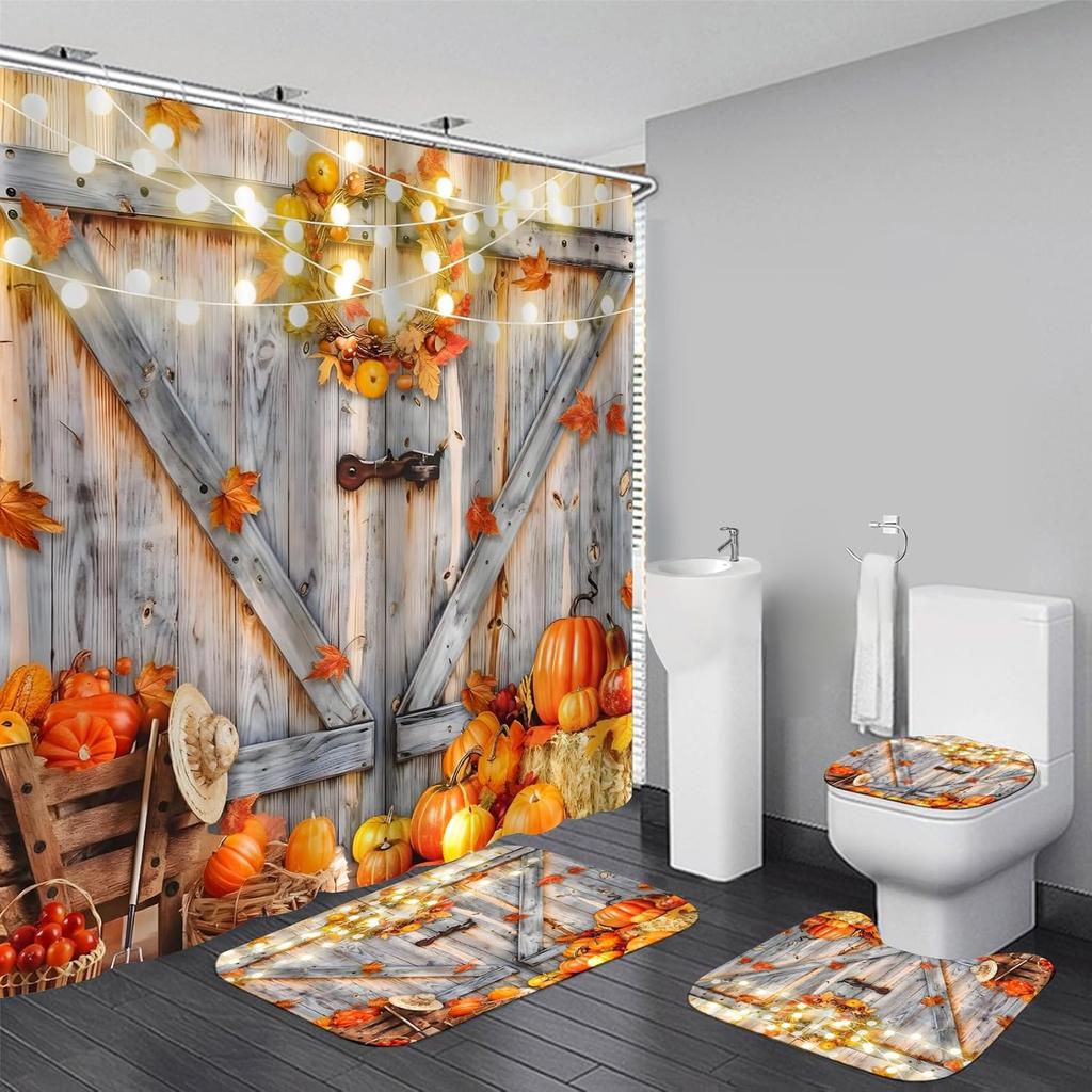 Halloween Shower Curtain Sets Haunted House Pumpkin Shower Curtains With 12 Hooks, Bathroom Decor Sets With Curtain And Rugs