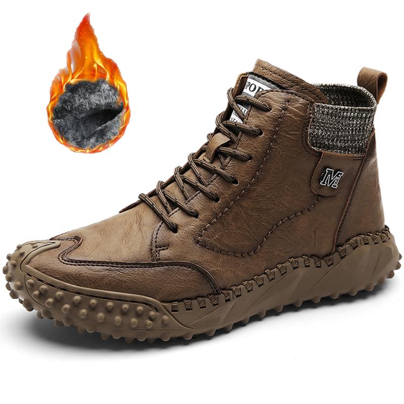 Classic Winter Men's Boots Real Leather Plush Warm Men's Snow Boots Waterproof Outdoor Roman Men Work Boots Men Motorcycle Boots