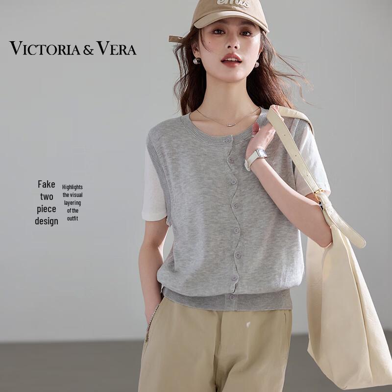 VICTORIA&VERA Faux Two-Piece Layered Knitted Vest L