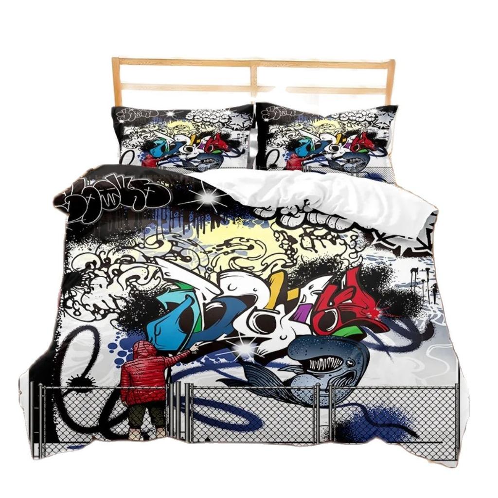 Hippie Graffiti Bedding Set Teens Adults Hip Hop Duvet Cover Set King Queen Size Youth Comforter Cover Modern Street Art Cover