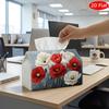 2D Flat, 1pc Tissue Box, Printed On Both Sides, Tissue Holder Featuring a Checkered Top Design with Red And White Poppy Blossoms, Sturdy Fabric for Ve
