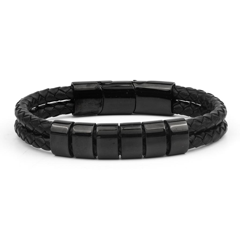 Men's Leather Bracelet Magnetic Tail Buckle Stainless Steel Positioning Ring Engraved Father's Day Gift Double Leather Bracelet