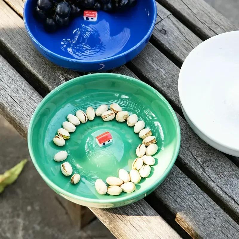 Hand-made Three-dimensional Small House Plate Home Decoration Bowl Creative Round Water Porcelain Plate Soup Plate