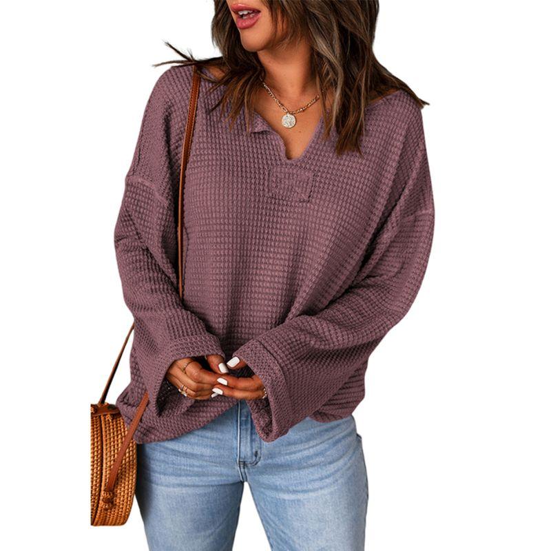 2024 Autumn Solid Color Waffle Knitting Long Sleeves T-shirt Female Fashion Drop-Shoulder Sleeve V-neck Casual Loose Pullover Female