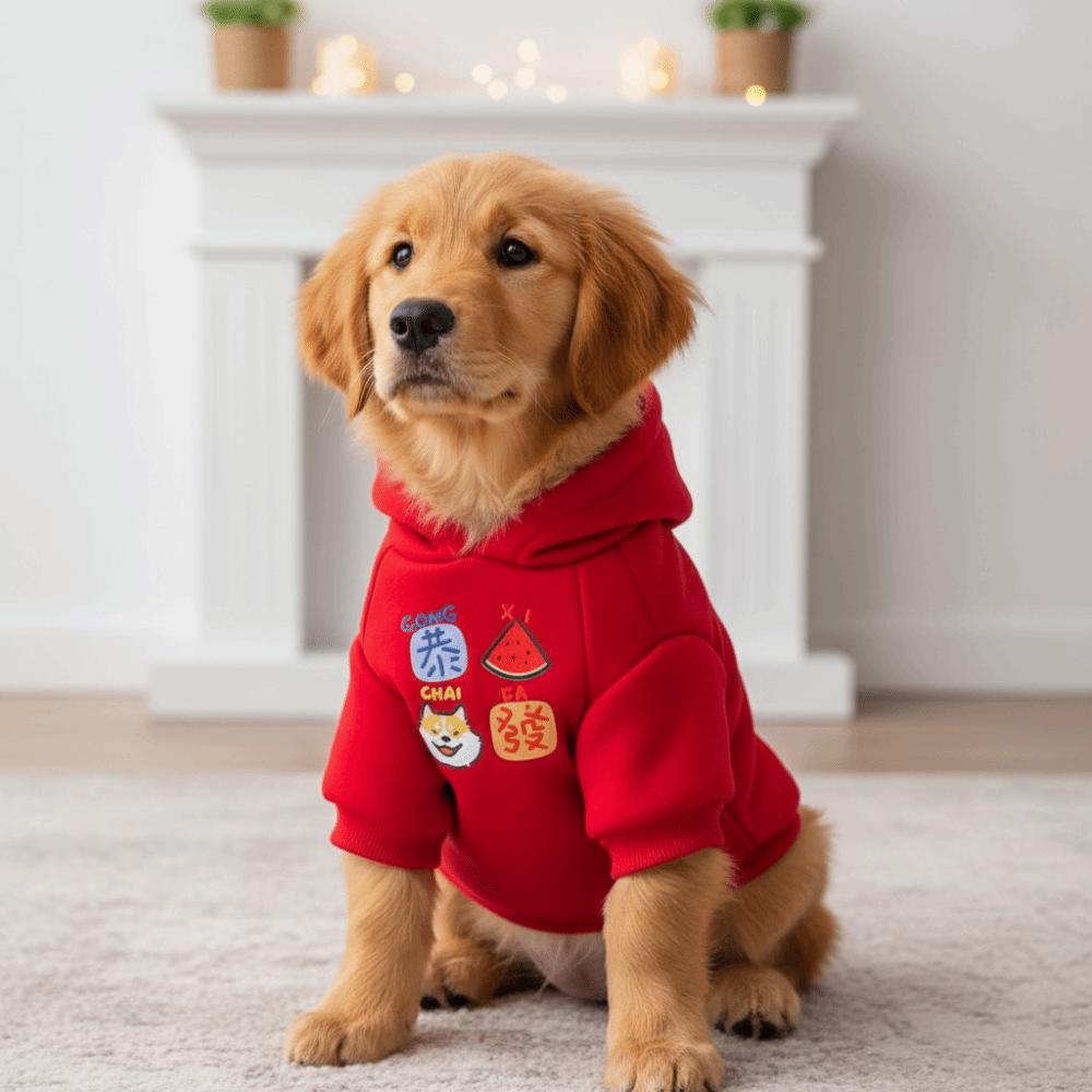 Puppy Costume Warm Pet Dog Hoodies Thickened Cartoon Puppy Pullover Soft Red Dog Jacket Clothing New Year Celebration