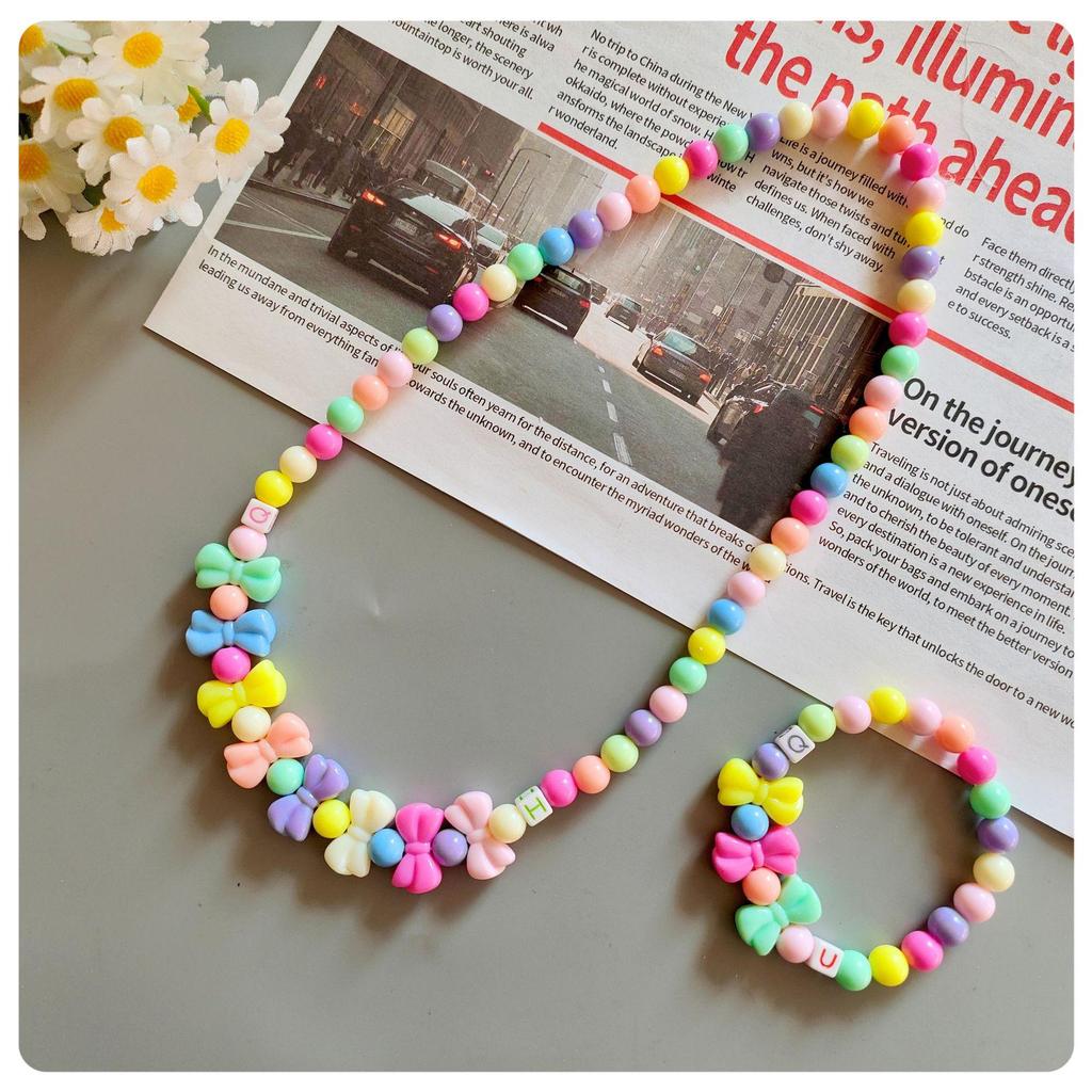 Korean Cartoon Kids' Candy Color Beaded Necklace & Bracelet Set with Flower Bowknot & Hanger