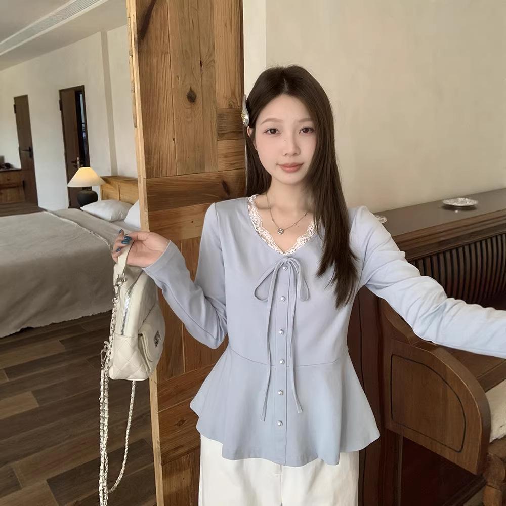 2026 Spring Plus Size Women s Lace Trim V-neck Slimming Long Sleeve Top 4XL