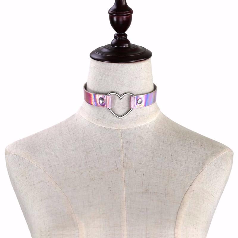 Collana in pelle poliuretanica per donna Choker olografico cuore metallo laser sciarpa gioielli moda