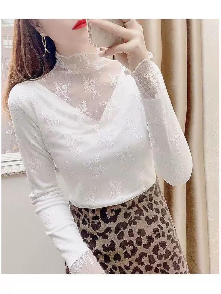 Trending Black Lace Base Layer Shirt - Autumn/Winter Plus Velvet Mesh Top for Layering with Sweaters