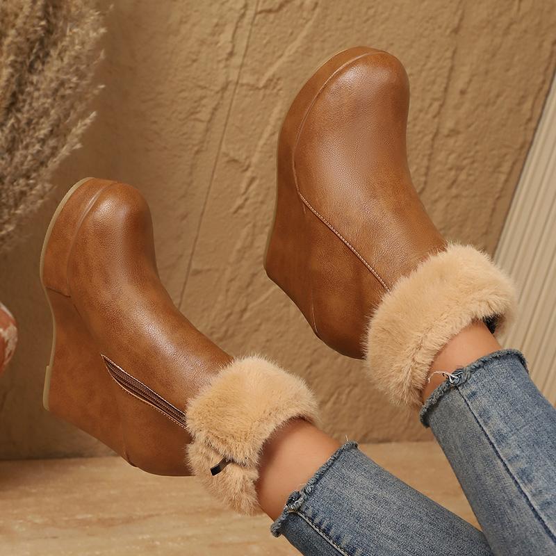 Women Cozy Plush Lined Wedge Ankle Boots Thick Sole Fluffy Fur Warm Winter Shoes Woman Chunky Platform PU Leather Short Boots