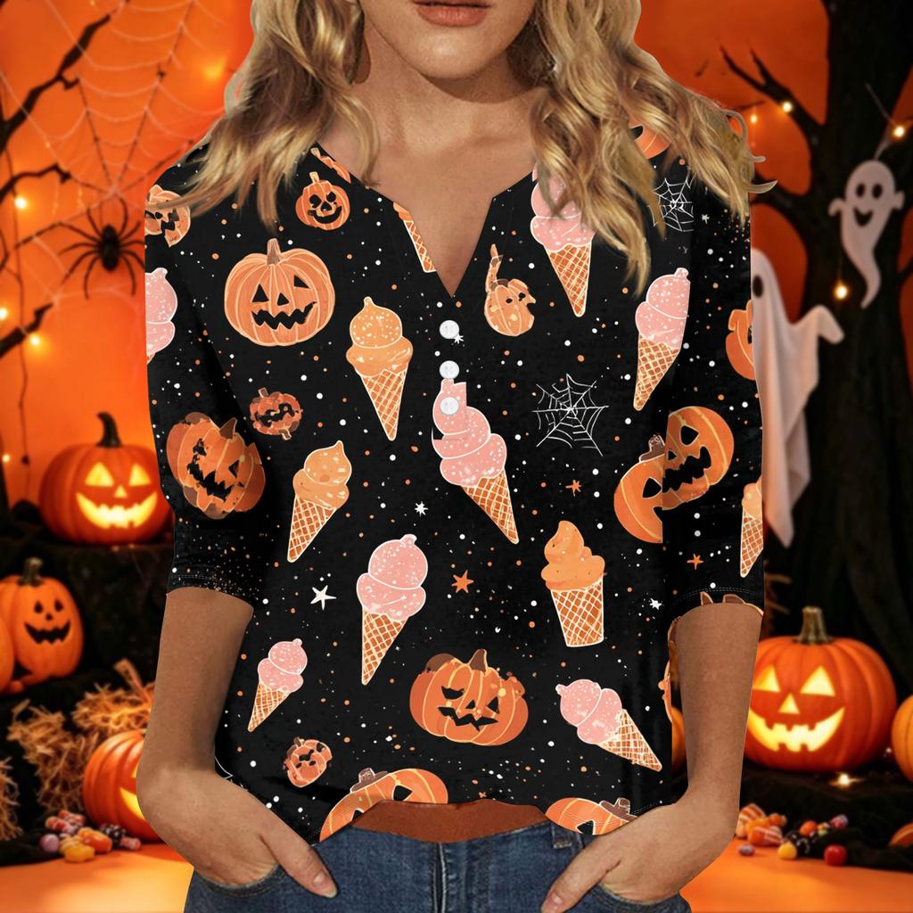 Women's Halloween Print V-Neck Short Sleeve T-Shirt with Decorative Buttons for Casual Fall Outfits