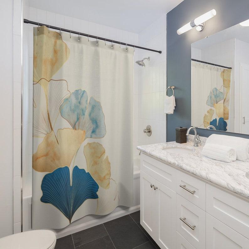 

Ginkgo Leaf Shower Curtain - Beige with Blue & Gold Vintage Leaves Design, Natural Art Bathroom Decor W90xH180cm