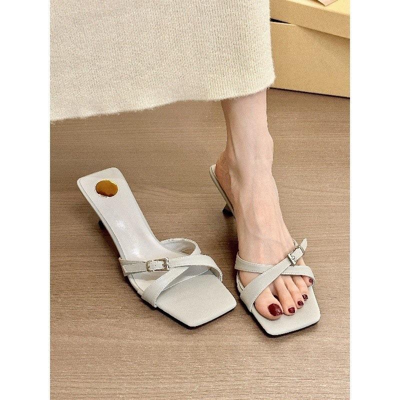 Cold Gray Blue! Temperament Square Head Cross Word with Thin Heel Sandals Women's Summer Buckle Cat Heel Sandals
